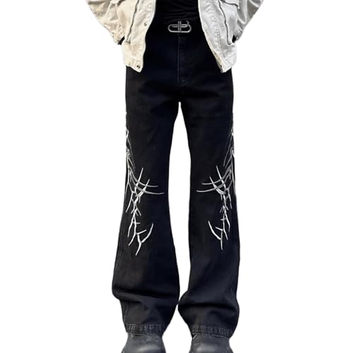 Spring Wide Leg Baggy Black Jeans Men Vintage Plus Size Thorn Embroidered Pants High Waisted Hip Hop Trousers
