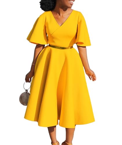 Image of SOMTHRON Women's Wrap V-Neck Ruffle Short Sleeve Midi Dress Elegant A Line Flowy Flared Cocktail Church Dress