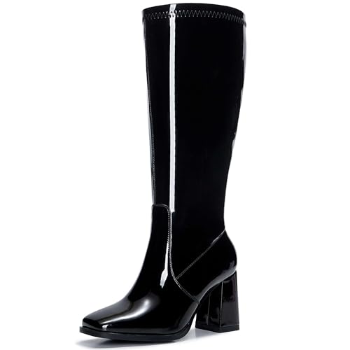 Image of Knee High Boots for Women - Wide Calf Boots with Zipper, Square Toe Tall Leather Boots, Chunky Heel Fashion Long Boots