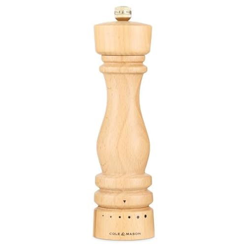 Cole & Mason London Pepper Mill – Refillable Spice Shakers with a Premium Wood Design - Adjustable for Fine to Coarse Seasonings - Uses Carbon Steel Mechanism - Beech Wood, 8"