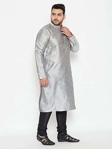 Image of Vastramay Plus Men Men's Grey And Black Silk Blend Kurta Pyjama Set