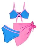 Perdeca Girls Bathing Suit Blue Bikini and Pink Cover Up Skirt Removable Breast Pads Teen Bathing Suits for Girls 12-14