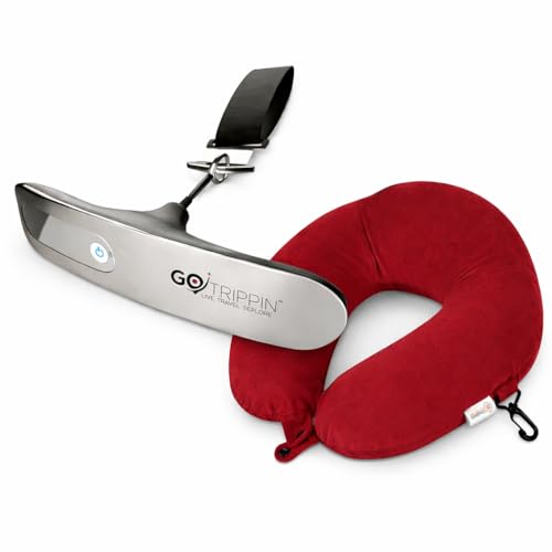 Image of GoTrippin Weight Machine for Luggage - 50 kg capacity, Steel body, Lifetime replacement - Luggage Weighing Scale for travel, flights, bags & baggage (Silver) (Luggage Scale + Neck Pillow)