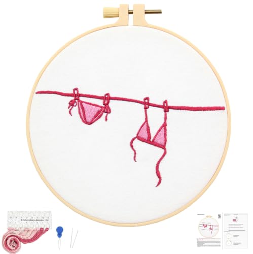 Image of Crafmanoe Easy Hand Embroidery Kits for Adults Beginners, Embroidery Starters Kits, Pink Bikini Stamped Cross Stitch Kits Needlepoint Kits for Beginners Adults, Embroidery Hoop, Thread, Video Tutorial