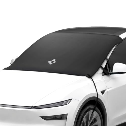 Spigen Magnetic Windshield Protector Cover for Cars Shields Leaves Pollen Sap with Full Windshield Coverage Waterproof Foldable Summer Sun Visor Fits Tesla Model Y Juniper & 3 Highland