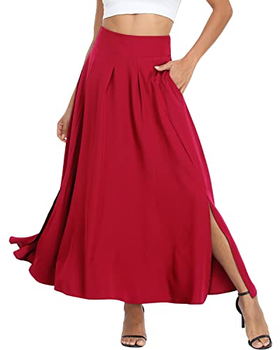 Ranphee Women'S Red Pleated Skirts Cute High Waist A Line Full Length Novelty Beach Travel Vacation Long Slit Skirt With Pockets Xl 1X thumb #1