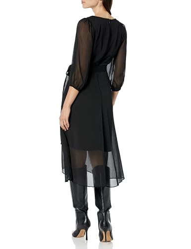 Image of DKNY Women's Chiffon Balloon Sleeve Faux Wrap Midi Dress with High-Low Hem