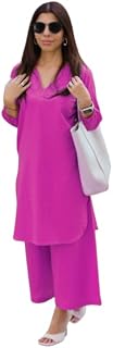 Women’s Linen Blend Cotton V-Neck Co-Ord Set | Stylish Two Piece Outfit with Relaxed Fit Top & Matching Bottom | Breathabl... Price In India