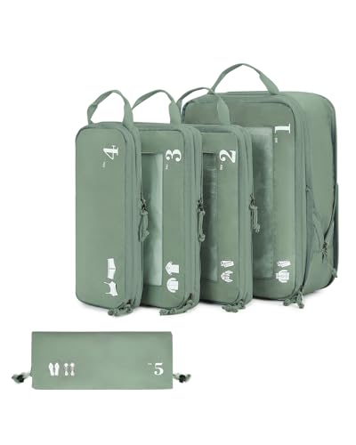 ECOHUB 5 Set Compression Packing Cubes for Suitcases Organiser Bags Set Travel Essentials with Shoe Bags for Travel Tear-resistant Travel Accessories with ID Tag Expandable Packing Bags(Green)