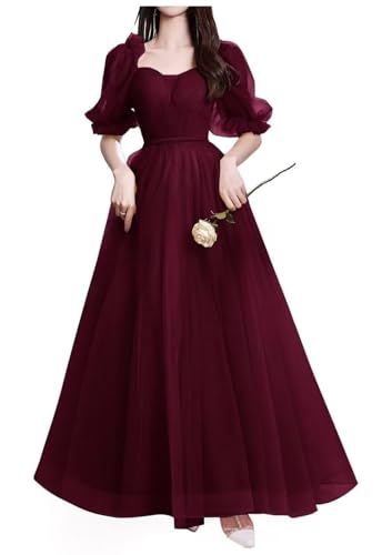 CWOAPO Puffy Sleeve Tulle Prom Dresses for Teens A Line Ball Gown for Women 2025 Burgundy Evening Party Gowns US8