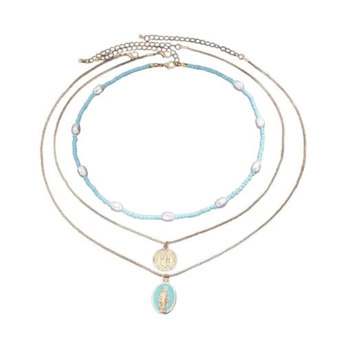 Collier ras du cou perles bleues homme avec pendentif Madonna : cadeau idéal lot de 3