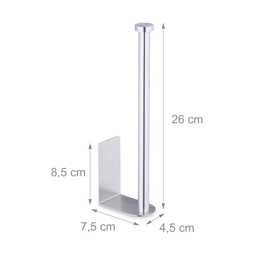 Image of Relaxdays Replacement Roll Holder, Self-Adhesive, 2 Replacement Rolls, H x W x D: 26 x 4.5 x 7.5 cm, Toilet Paper Holder Wall, Silver