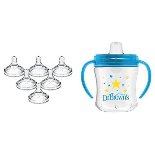 Dr. Brown's Natural Flow Level 3 Wide-Neck Baby Bottle Silicone Nipple, Medium-Fast Flow, 6m+. 100% & Transition Sippy Cup Soft Spout Blue - 6oz 6m+
