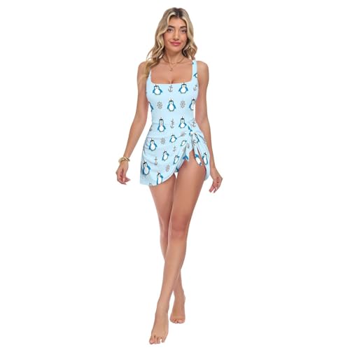 Maillot de bain gainant une pièce femme col carré motif pingouin