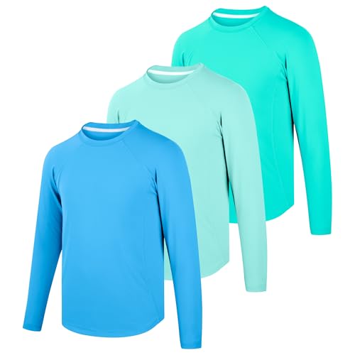 BIG ELEPHANT 3 Pack Boys Long Sleeve Rashguard – UPF 50+,Quick-Dry Athletic Shirts for Youth, Breathable Crew Neck