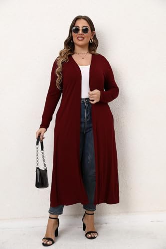 Image of Women Plus Size Floor Length Open Front Drape Cardigan Lightweight Long Sleeve Maxi Duster with Pockets 1X-5X