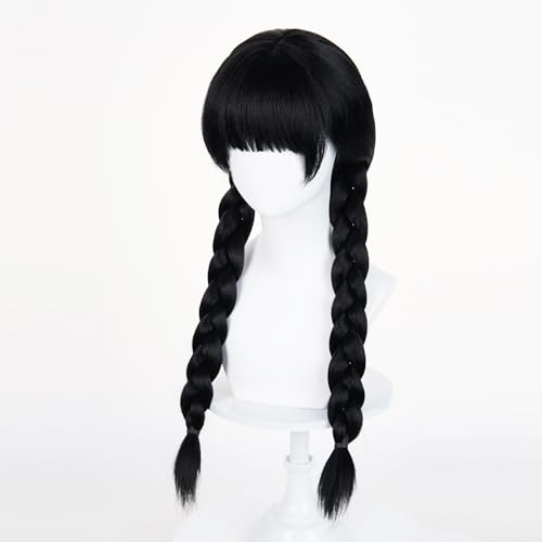 Image of Cying Lin 28 inch Long Double Braid Wigs Costume Black Wigs for Women Cosplay Party Halloween Wig Include Wig Cap (Adult-Black)