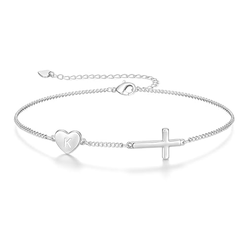 Lunvky 14k Gold Plated Initial Cross Bracelets for Women Silver Dainty Cute Heart Name Letter Bracelet for Teen Trendy Stuff Confirmation Religious Christian Jewelry Birthday Jesus Gifts