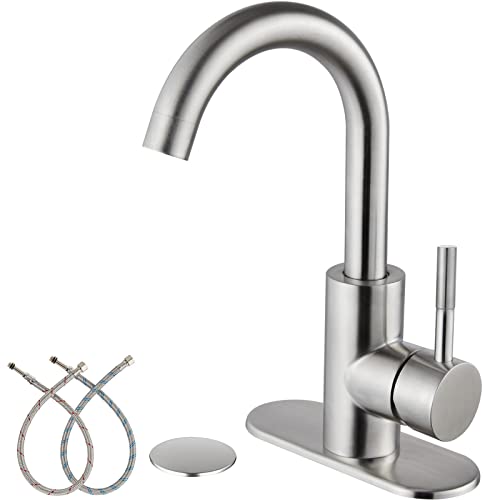 Midanya Brushed Nickel Single Handle Bathroom Sink Faucet, Wet Bar Pre-Kitchen Farmhouse RV Small Vanity Faucet with 360°Rotation Spout with Deck Plate, Supply Hoses and Drain Stopper Midanya Brushed Nickel Single Handle Bathroom Sink Faucet, Wet Bar Pre-Kitchen Farmhouse RV Small Vanity Faucet with 360°Rotation Spout with Deck Plate, Supply Hoses and Drain Stopper