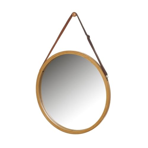 LOLAhome Espejo Redondo de 50 cm con Correa Ajustable de Polipiel, Marco de Bambú Natural. Espejo de Pared para Baño, Comedor, Salón o Recibidor