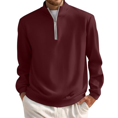 Men's Quarter Zip Up Pullover Mock Neck Long Sleeve Sweater Casual Corduroy Polo Sweatshirt
