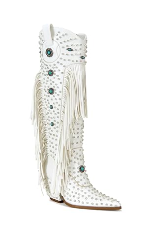 sexytag Fringe Cowboy Boots Rhinestone Embellishments Knee High Cowgirl Boots Turquoise Flower Studded Western Booties3
