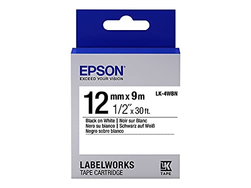 Epson LabelWorks Standard Tape Cartridge ~1/2" Black on White (LK-4WBN) - for use with LW-300, 400, 600P, 700 Label Printers