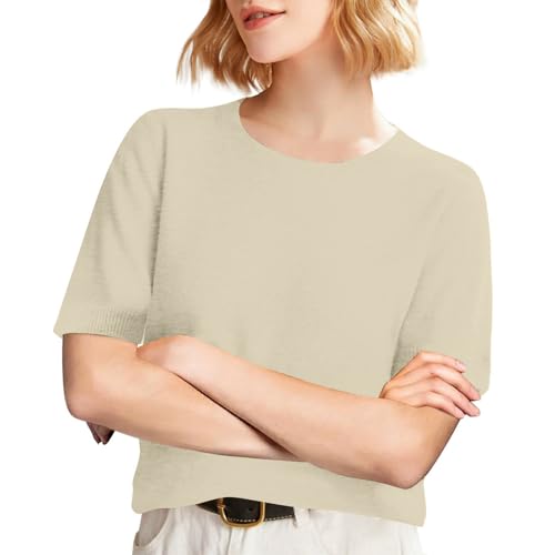 Womens Short Sleeve Sweater Ribbed Knitted Crew Neck Sweater Shirts - image 3