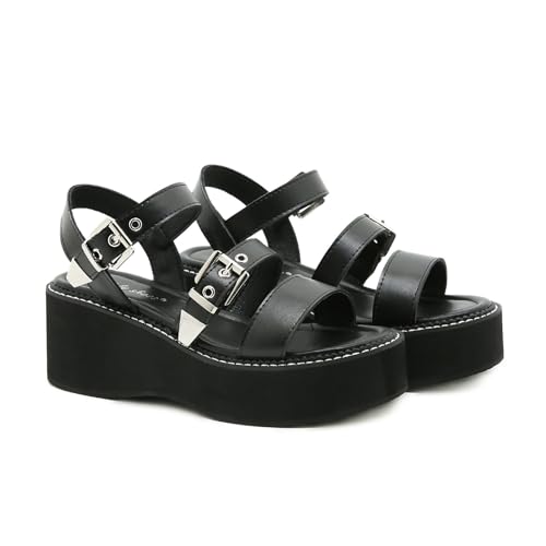 Women's Leather Strappy Wedge Platform Goth Sandals With Adjust Ankle Buckle Fashion Comfortable Round Open Toe Chunky Heel Anti-slip Slingback Everyday Y2K Punk Sandals