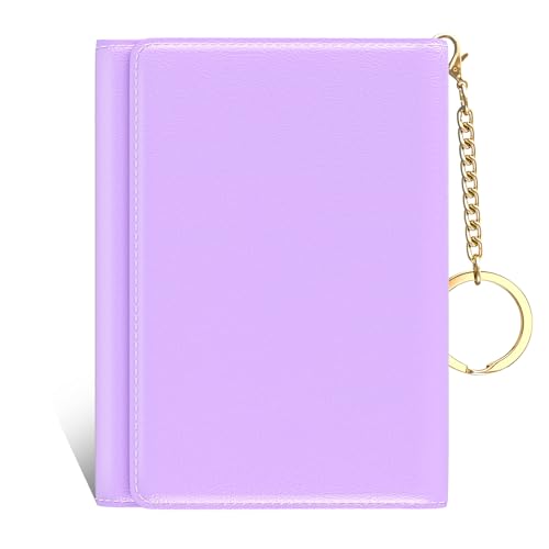Small Slim RFID Card Wallets for Women, Trifold Leather Card Wallet Organizer, Cute Front Pocket Wallets with 7 Card Slots & ID Window, Purple