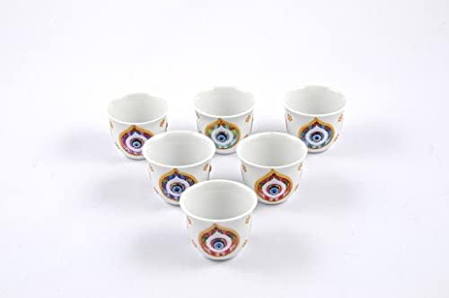 6 Coffee Set with Saucer, Arabic, Turkish, Greek  Hand Decorated Porcelain, Blue Evil Eye Protection, Hamsa Fatima Hand Charm, Lucky Ornament, Best Gift (6 Pieces - Blue Eye Charm)