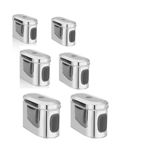 Image of Stainless Steel Capsule Food Canisters /Jars /Containers for Kitchen Storage with See Through Window - set of 6, 1350 /1850 /2350 ml capacity, Silver