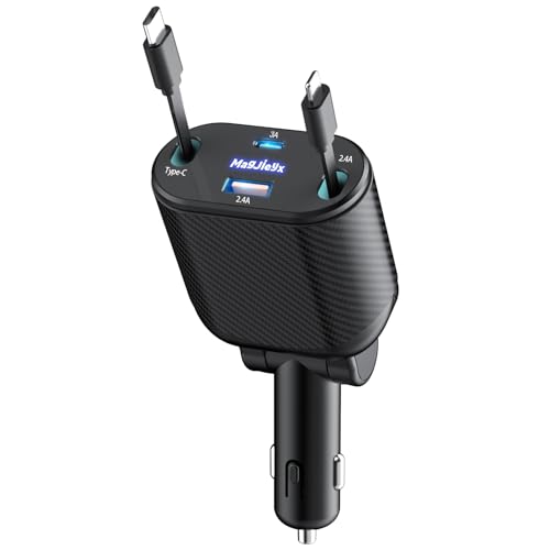MAGJIEYX Retractable Car Charger 4 in 1 Fast Charging Adapter Magjieyx 62W Retractable Type-C/USB-i Cables and USB C/USB A QC & PD Devices for iPhone 16/15/14/13/12Pro Max Plus,iPad,AirPods, Galaxy