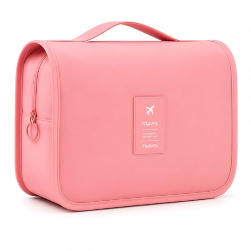 Necessaire Feminina Grande para Maquiagem e Viagem com Divisórias Ajustáveis | Bolsa Organizadora Impermeável para Cosméticos, Higiene e Acessórios (Rosa)