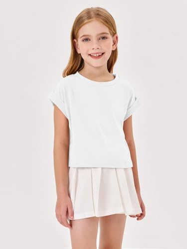 Haloumoning Girls Short Sleeve T-Shirts Crop Top Rolled Sleeve Round Neck Solid Loose Basic Tees for Summer3