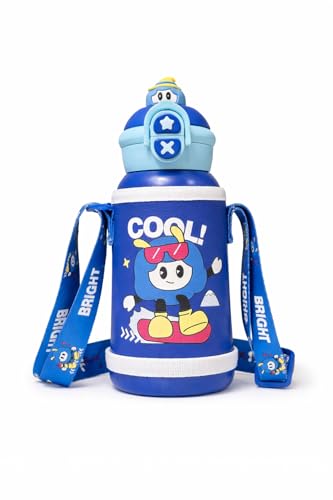 Image of Kids Stainless Steel Insulated Mug Bottle with Straw & Strap - 500ml Double Wall Vacuum Sipper Flask, Portable School Travel Water Bottle for Boys & Girls,Blue