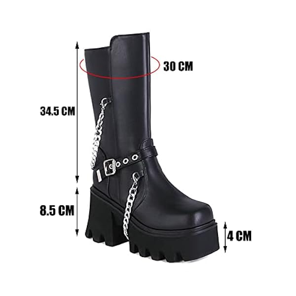 Dames Zipper Middenkalf Combat Boots Black Goth -platformlaarzen met Chain Square Toe Belt Buckle D chunky hielklaarsjes,Black pu,43 EU