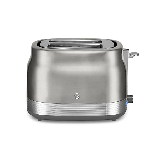 Swan ST19028SS Retro 2 Slice Toaster with 6 Browning Levels for Toast, Bagels, Breakfast Muffins, Defrost/Reheat/Cancel, Hidden Cord Storage, Non-Slip Feet, 930W, Stainless Steel