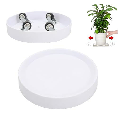 2-Pack 11.2 Inch Plant Caddy with Hidden Wheels, White Round Rolling Planter Saucer, Easy-Move for Flower Pot,Ornaments, Smart Home Devices