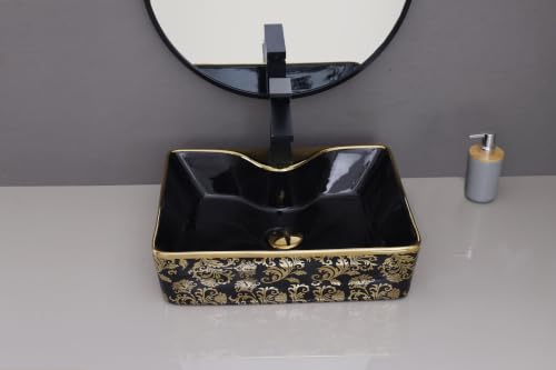 Image of HARDSTONE Black & Gold Ceramic Wash Basin 19x15x5 Inches
