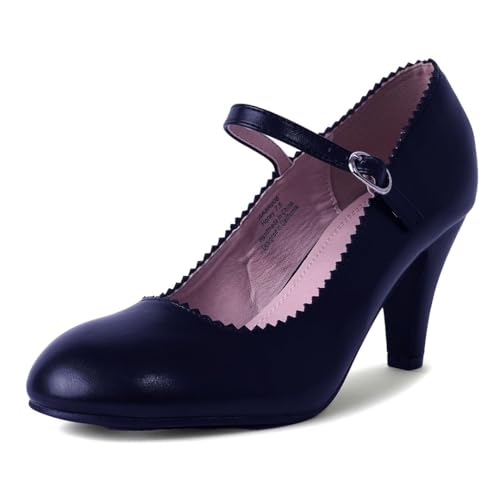 Mary Jane Kitten Heels, Vintage Retro Scallop Round Toe Shoe With An Adjustable Strap, 9 B(M) US, Black PU