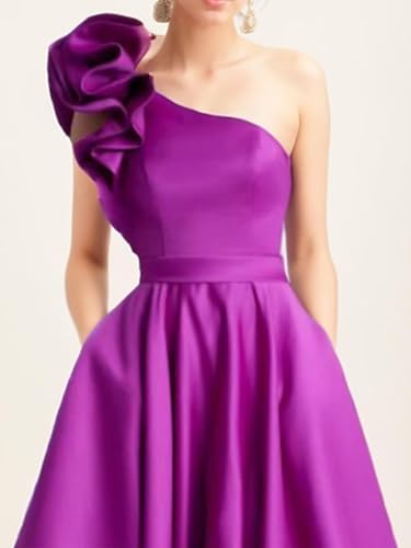 Women's One Shoulder Elegant Evening Dress with Pockets Satin Tea Length A Line Formal Wedding Guest Dress4