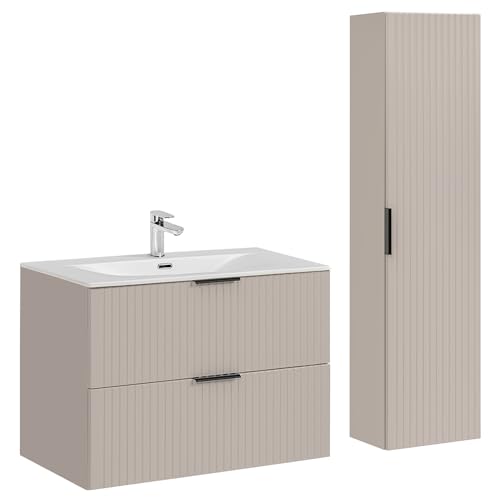Lomadox Badezimmer Badmöbel Set mit 80cm Waschtisch, 2-teilig, in Kaschmir, mit Keramik-Waschbecken