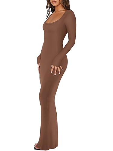 REORIA Womens Basic Sexy Square Neck Long Sleeve Soft Lounge Long Dress Fall Casual Ribbed Bodycon Maxi Dresses2