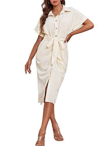 Lyaner Women's Collar Button Down Ruched Self Tie Short Sleeve Midi Dress Beige Small #TOP15