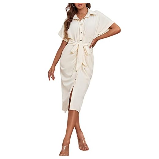 LYANER Women's Collar Button Down Ruched Self Tie Short Sleeve Midi Dress Beige Small