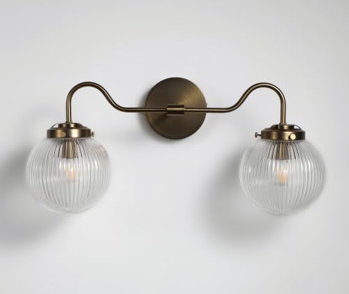 Image of Vintage Gooseneck 2 Light Bathroom Vanity Light Ribbed Glass Globe Antique Bronze Finish Bathroom Light Fixture (Bulb Included)