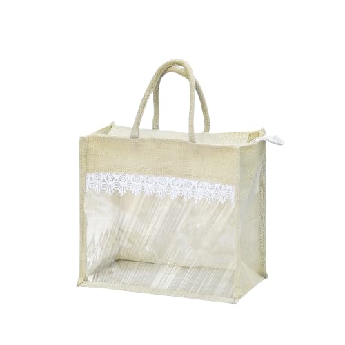 Image of Rishabh Overseas Jute Bags for Women | Eco Friendly Bag with Front Transparent Window | Reusable Tote with Comfortable Handle for Gifting & Shopping | Wedding & Baby Shower Return Gift