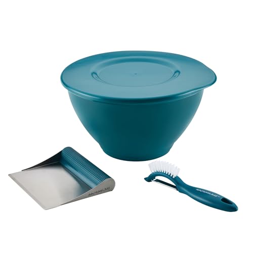 Rachael Ray Tools and Gadgets Kitchen Prep Garbage Bowl with Lid Bench Scrape Veggie Peeler 4 Piece Food Prep Set - Marine Blue