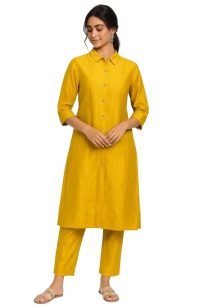 raj couture Women's Mustard Yellow Solid Kurta Pant Set Collar Neck Button Down Kurti with 3/4 Sleeves and Straight Pants Ethnic Casual Wear for Office Daily Wear and Family Functions-picture-28